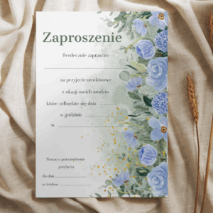zaproszenie urodzinowe niebieskie kwiaty